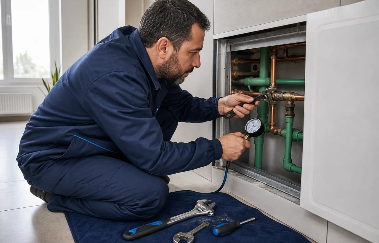 Tesisat bağlantısını kontrol eden profesyonel tesisatçı